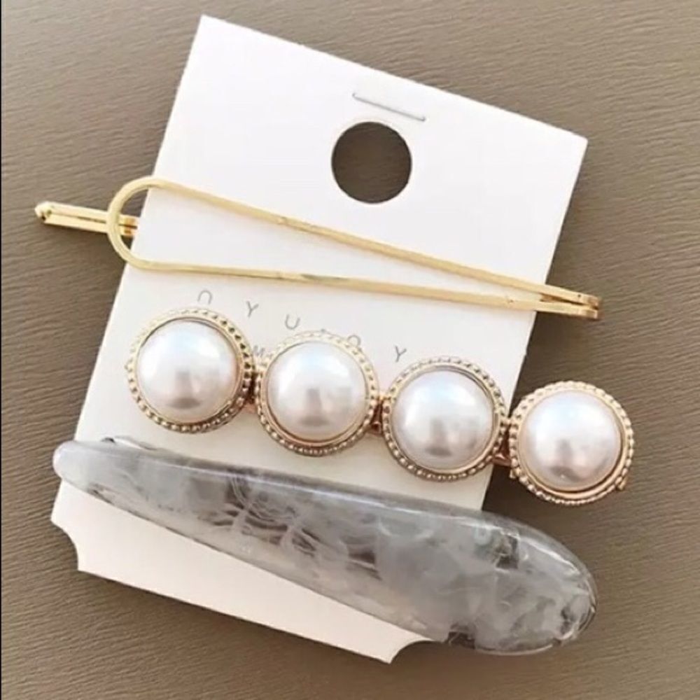 Set of 3 Pearl Gray Marble Gold Hair Pin Barrettes NWT
